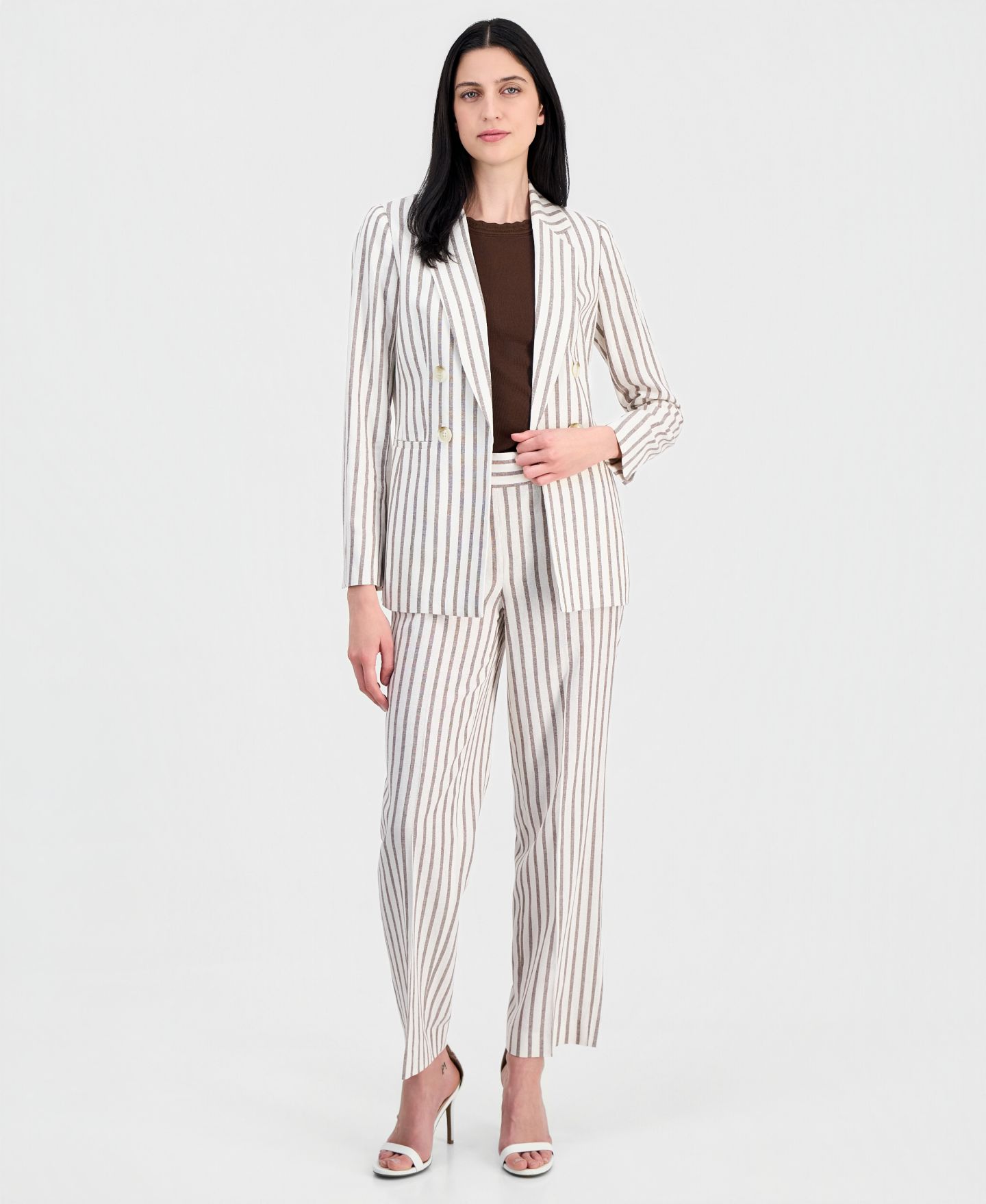 Женский пиджак Anne Klein Linen-Blend Striped Open Front Blazer, цвет: Белый / Тёмный шоколадный — фото 2