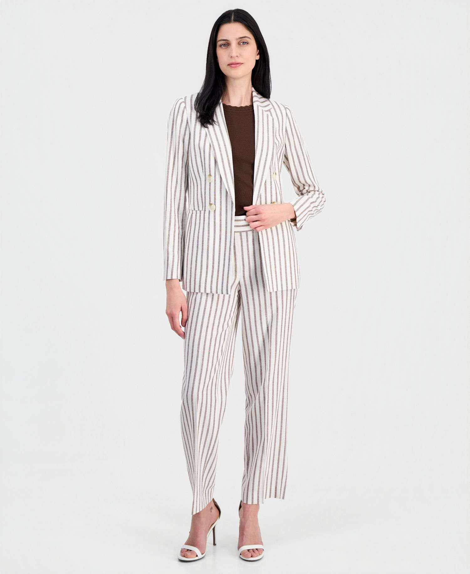 Women's Linen-Blend Striped Open Front Blazer