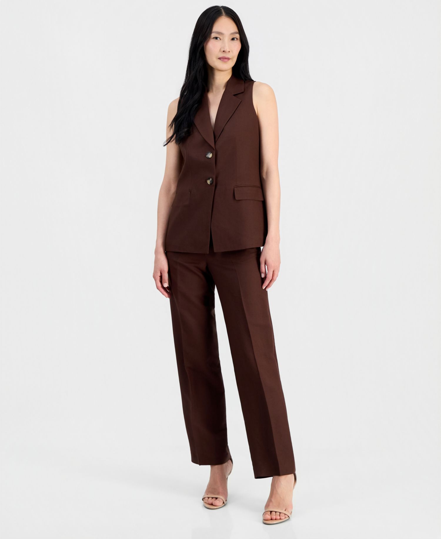 Women's Linen-Blend Two-Button Notch-Collar Vest, Regular & Petite