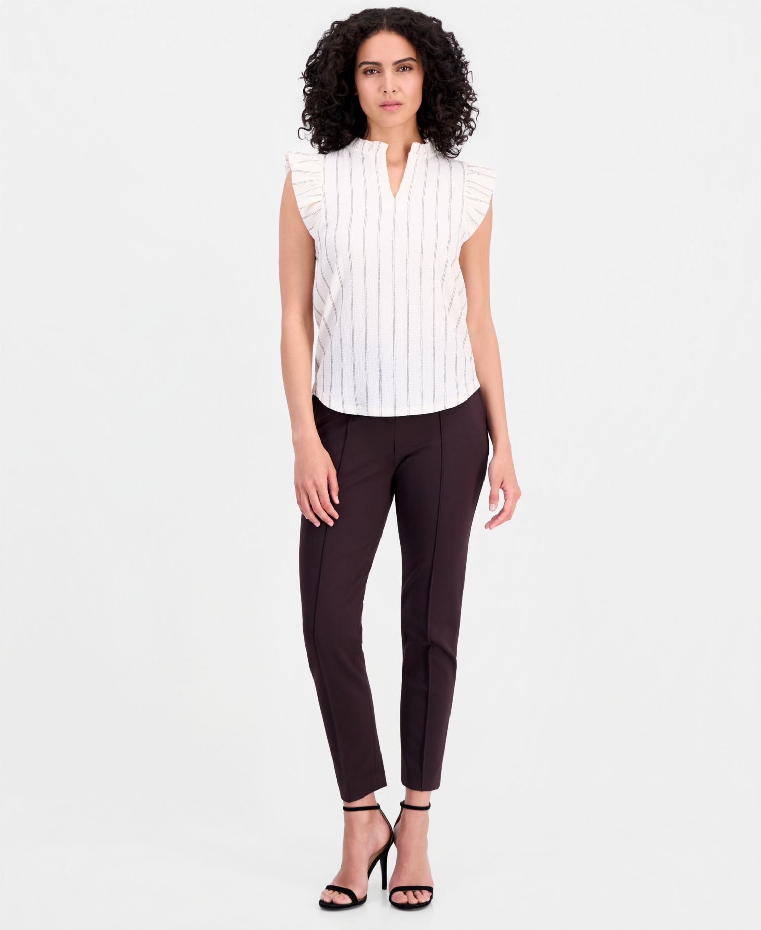 Women's Textured Pinstripe Flutter-Sleeve Top
