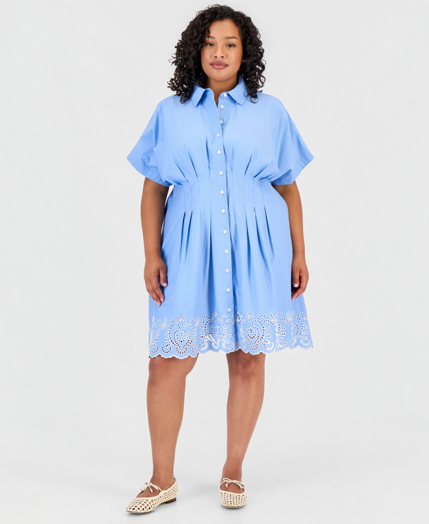 Trendy Plus Size Lotus Sprigs Cutwork Mini Shirtdress