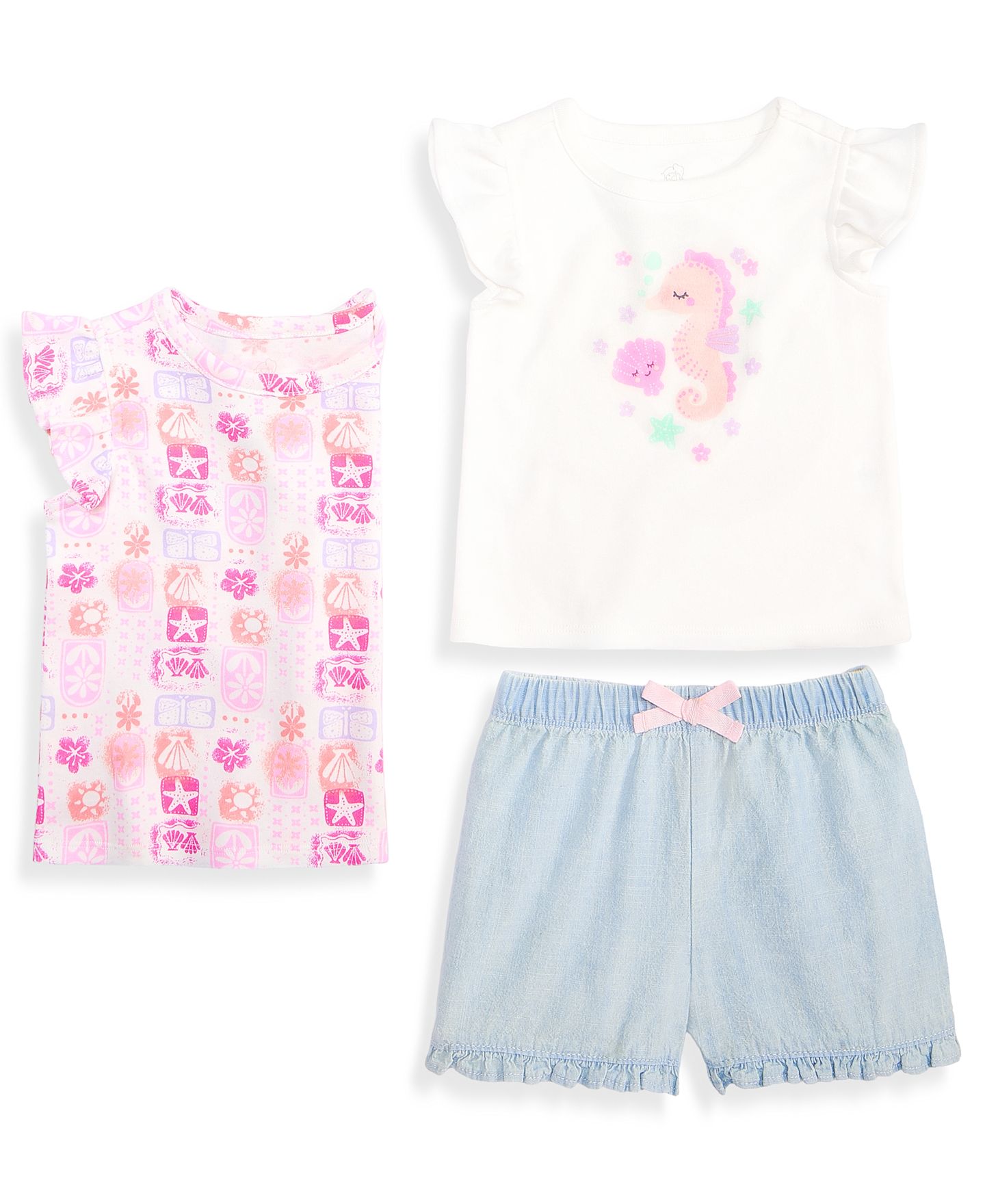 Комплекты First Impressions Mix & Match Seahorse Flutter-Sleeve Tops & Chambray Shorts для девочек-малышей, цвет: Светлая средняя варка — фото 1