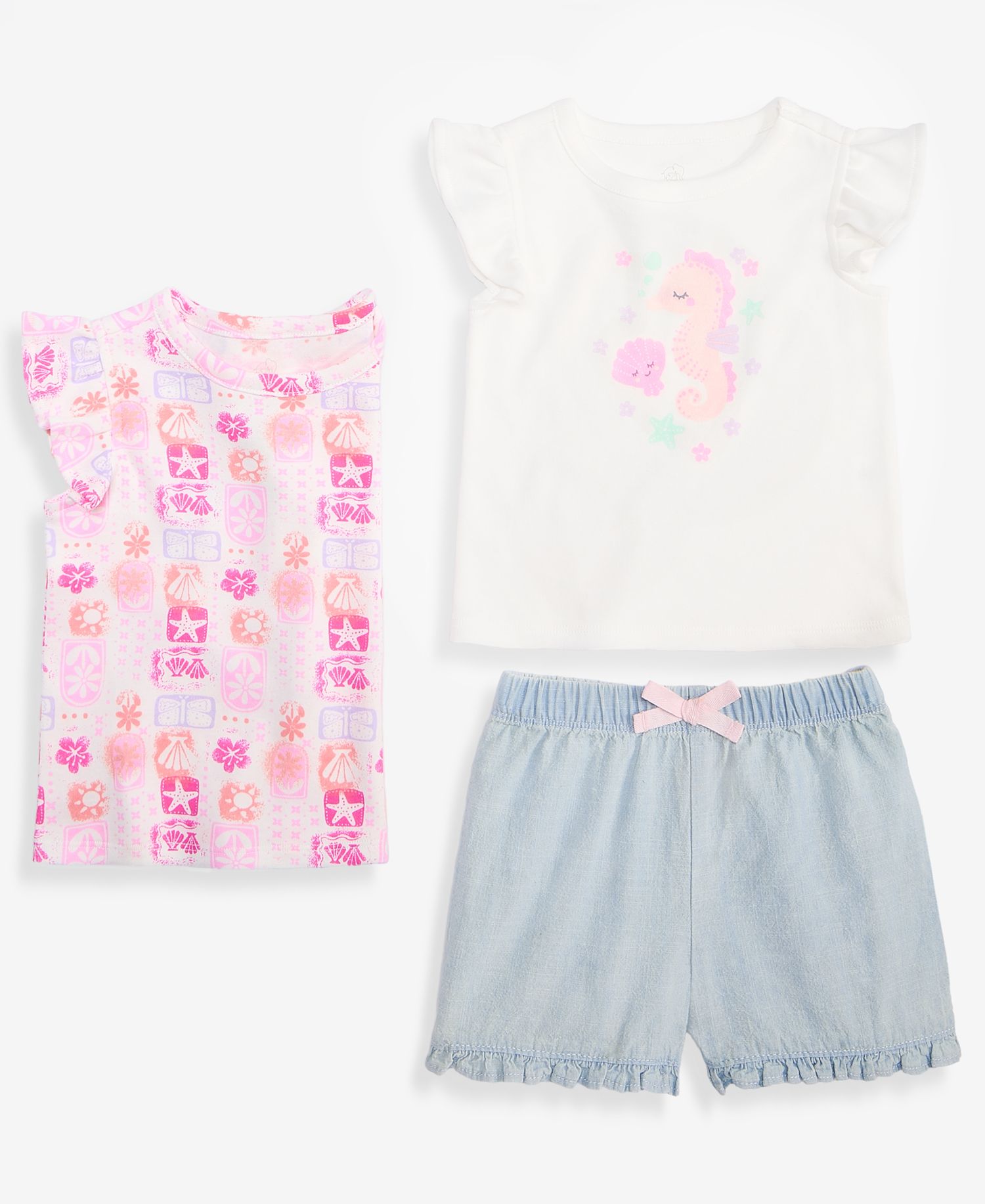 Baby Girls' 3M-24M Mix & Match Seahorse Flutter-Sleeve Tops & Chambray Shorts