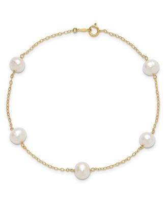 Solid 10k Yellow Gold 7-8mm Freshwater Cultured Pearl 5-station Anklet 10 Inch