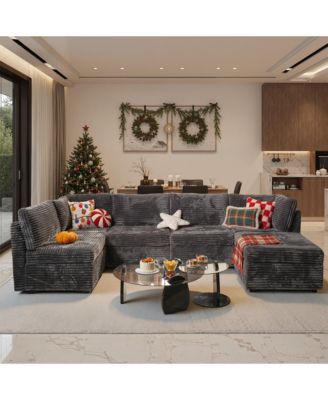 6-Piece Living Room Furniture Sectional Sofa,  L-Shaped Deep Seat Cloud Couch with Chaise Ottoman, Comfy Corduroy Modular Sofa Bed for Home