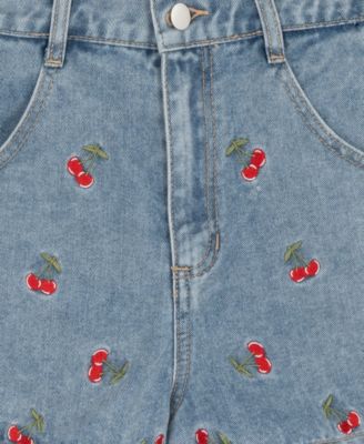 Girls' 7-16 Smocked Top and Cherry Embroidered Denim Short, 3-Piece Set