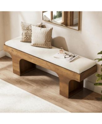 Dining Bench with Linen Cushion, 55.2" Farmhouse Entryway Bench, End of Bed Upholstered Bench