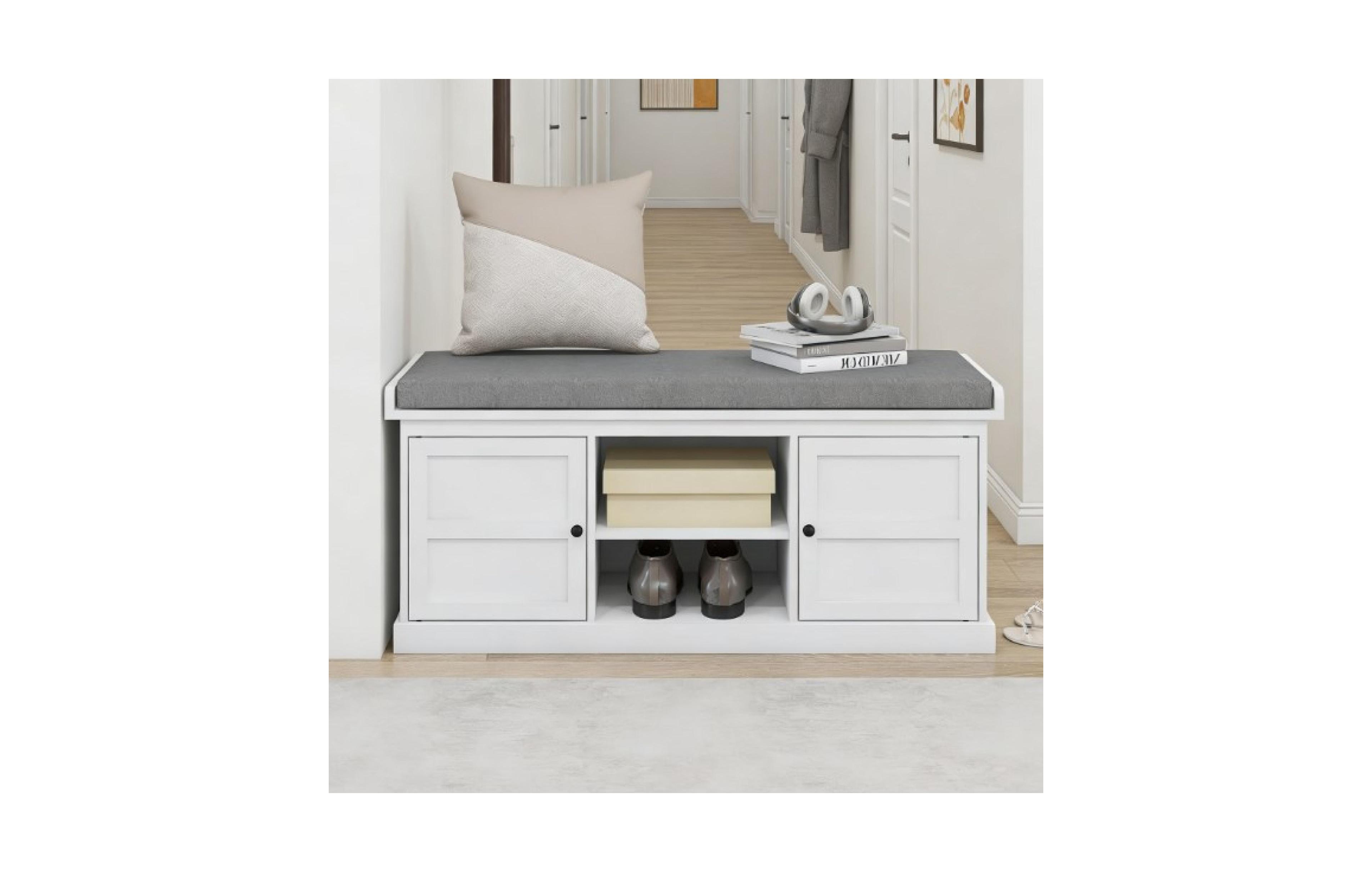 Rainsken Shoe Bench, Storage Bench with Padded Seat, 2 Cabinets and Adjustable Shelf for Entryway, Hallway and Living Room
