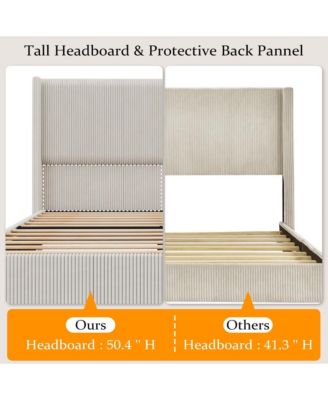 Corduroy Upholstered Wingback Bed Frame – Solid Wood Slats, No Box Spring Needed