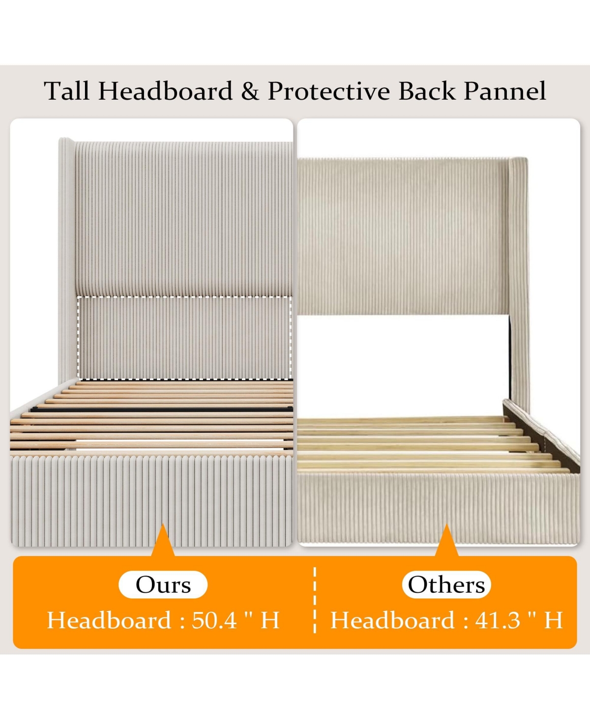 gaomon Corduroy Upholstered Wingback Bed Frame – Solid Wood Slats, No Box Spring Needed