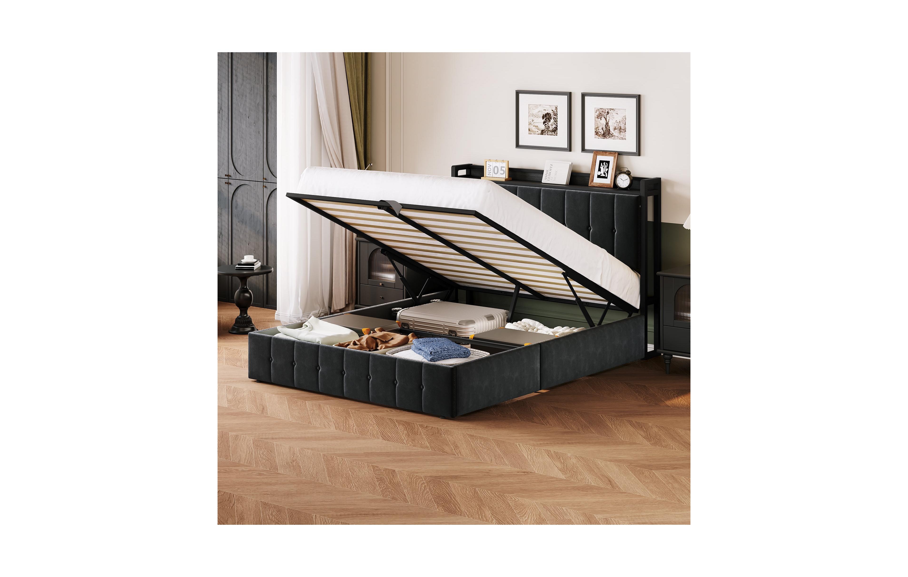 gaomon Upholstered Bed with Button Tufted Wingback Storage Headboard