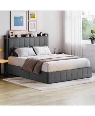 Upholstered Bed with Button Tufted Wingback Storage Headboard, Hydraulic Storage