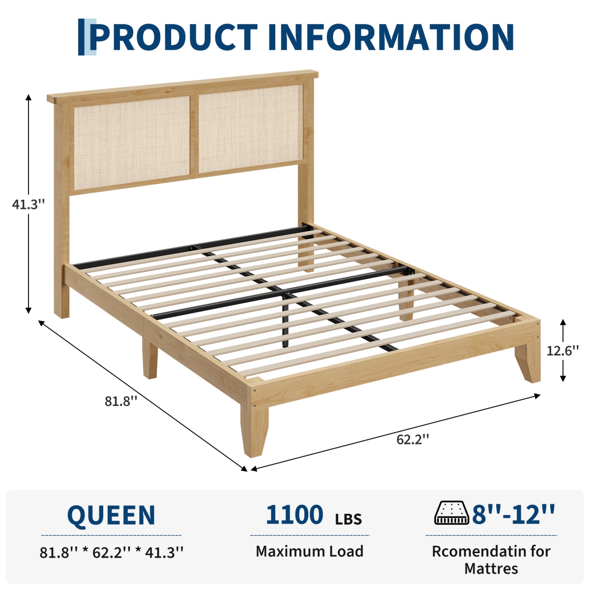Gaomon Boho Bed Frame, Rattan Headboard Bed Frame With Led Lights