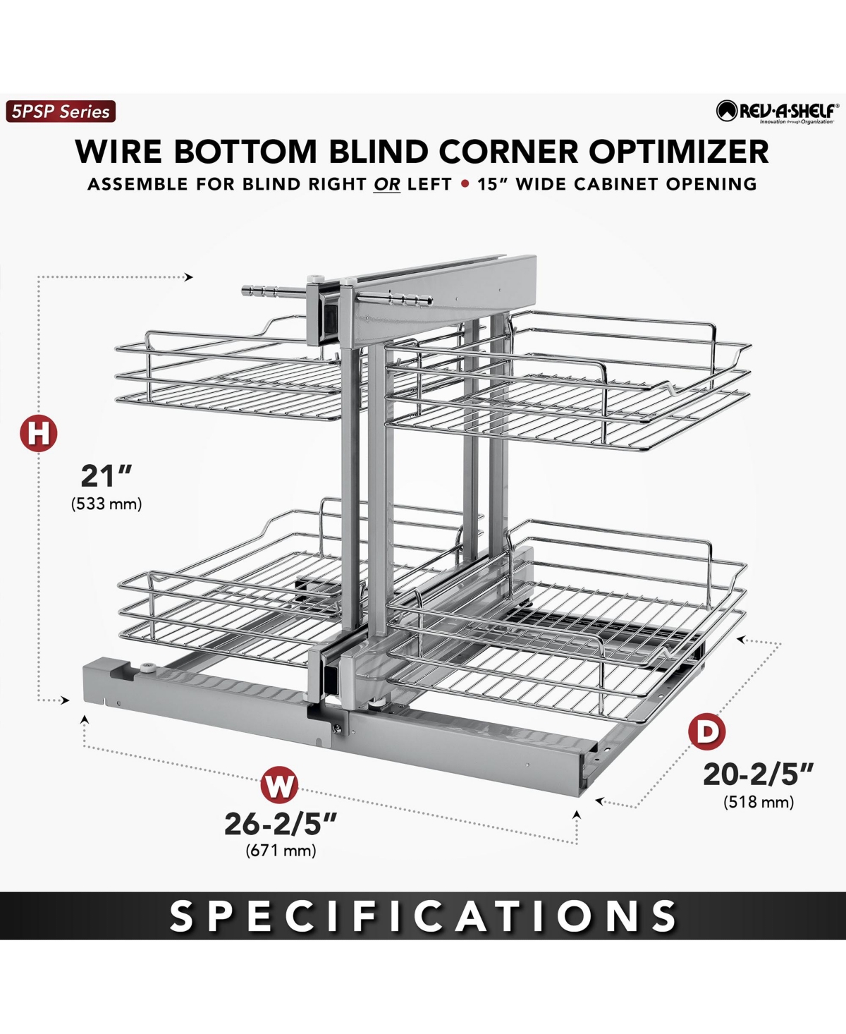Rev-a-Shelf Chrome 2-Tier w/ Soft-Close-15" Blind Cabinet Opening, 5PSP-15SC-cr