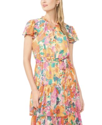 Women's Tiered Floral Flutter-Sleeve Maxi Dress
