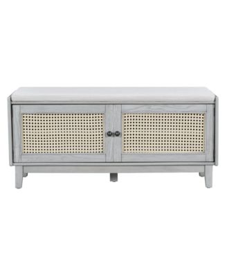 Rattan Shoe Storage Bench, Wooden Shoe Organizer with Cushion, 2 Doors, 2-Tier Shoe Rack and Adjustable Shelves for Entryway, Hallway