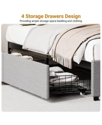 Fabric Upholstered Bed Frame with 4 Storage Drawers, Heavy-Duty Steel Frame