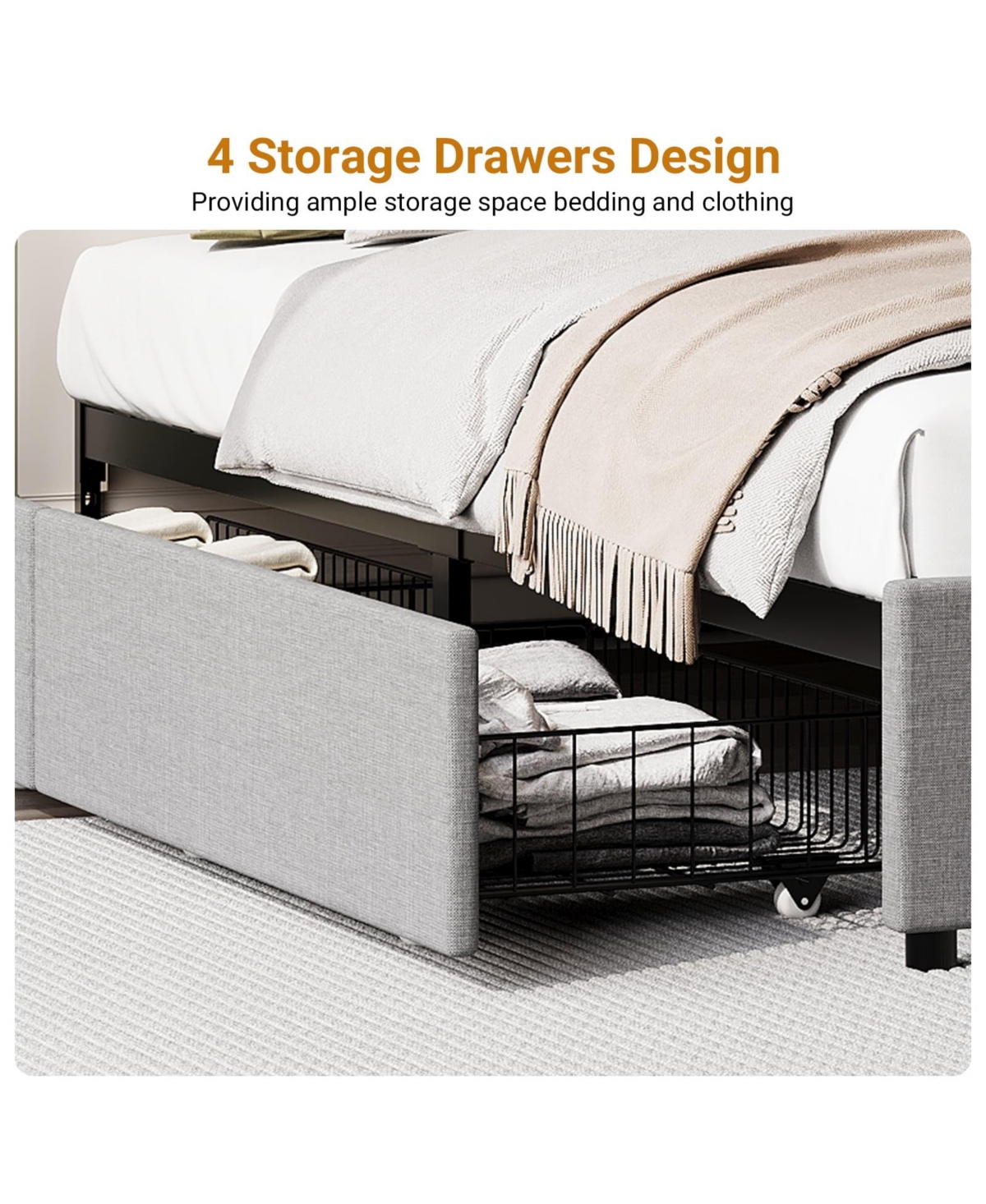 gaomon Fabric Upholstered Bed Frame with 4 Storage Drawers, Heavy-Duty Steel Frame