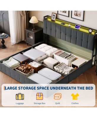 Lift Up Bed Frame with Charging Station & LED Lights,Upholstered Bed with Storage Headboard