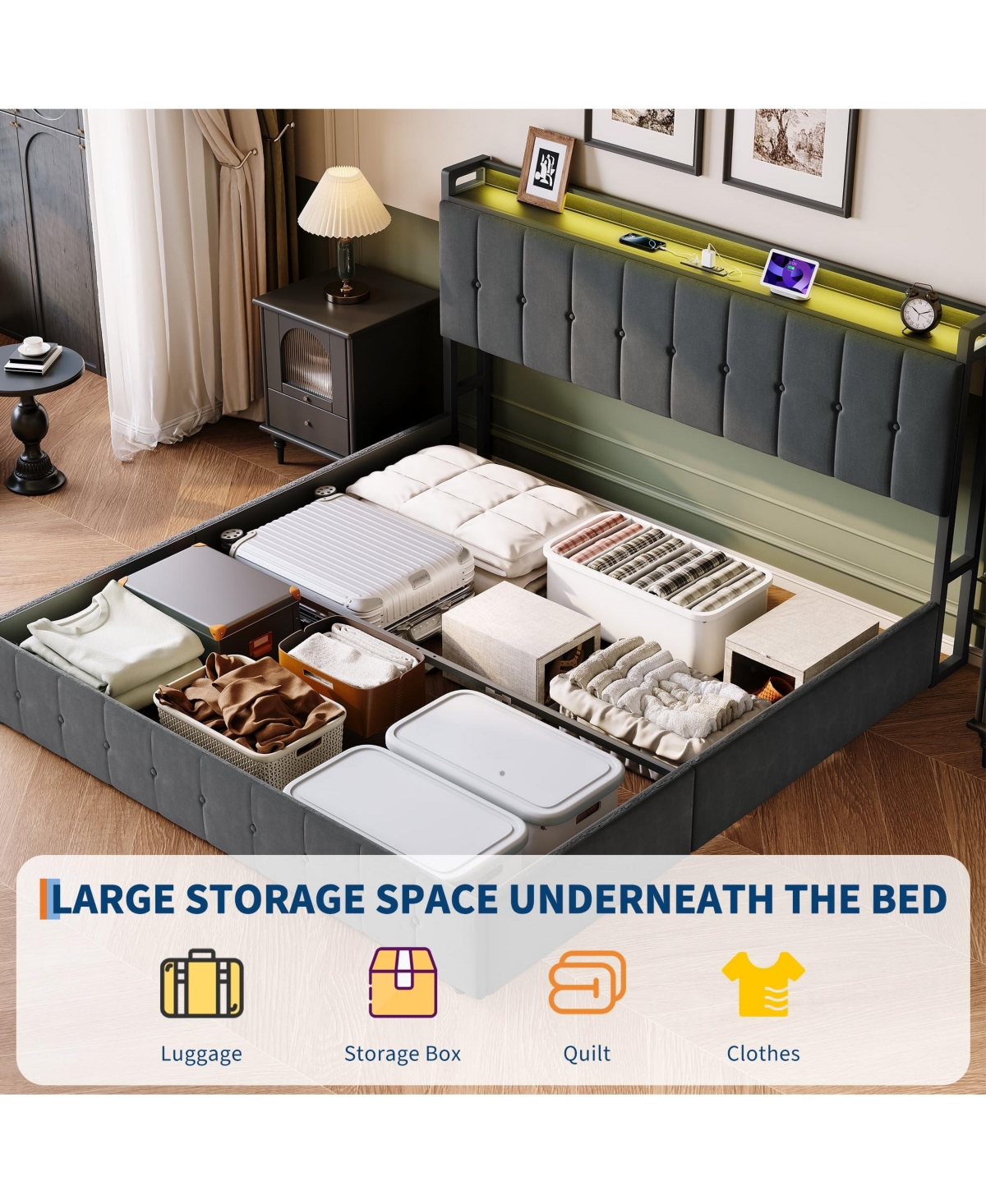 gaomon Lift Up Bed Frame with Charging Station & Led Lights,Upholstered Bed with Storage Headboard