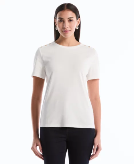 Petite Button Detail Short-Sleeve Top - Star White