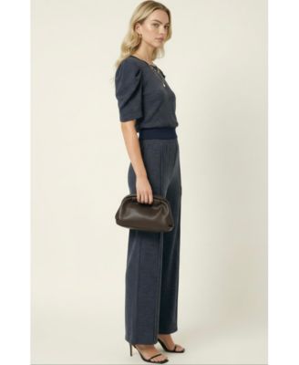 Women's Puff Sleeve Knit Top and Wide Leg Pants Set