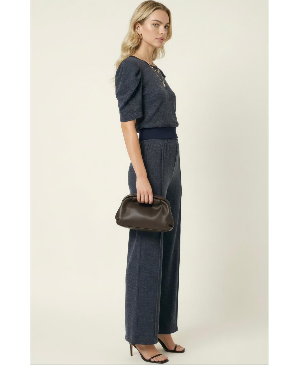 Modenaire Women's Puff Sleeve Knit Top and Wide Leg Pants Set