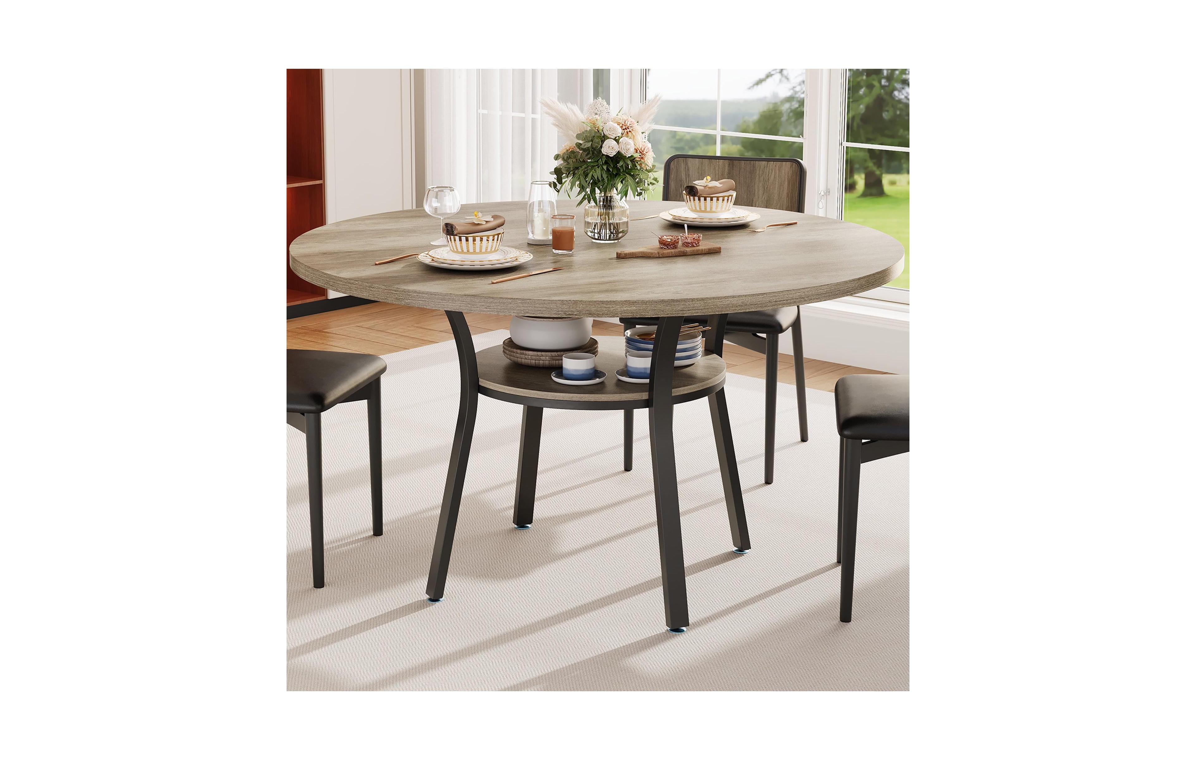 Round Dining Table for 4-6, 47 inch Wood Kitchen Table with Storage Shelf,with Metal Base,No Chairs
