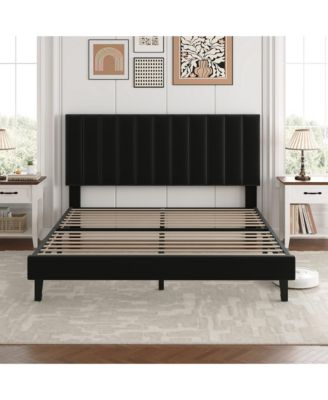 Bed Frame and Velvet Upholstered Headboard with Adjustable Vertical Channel Tufted Headboard
