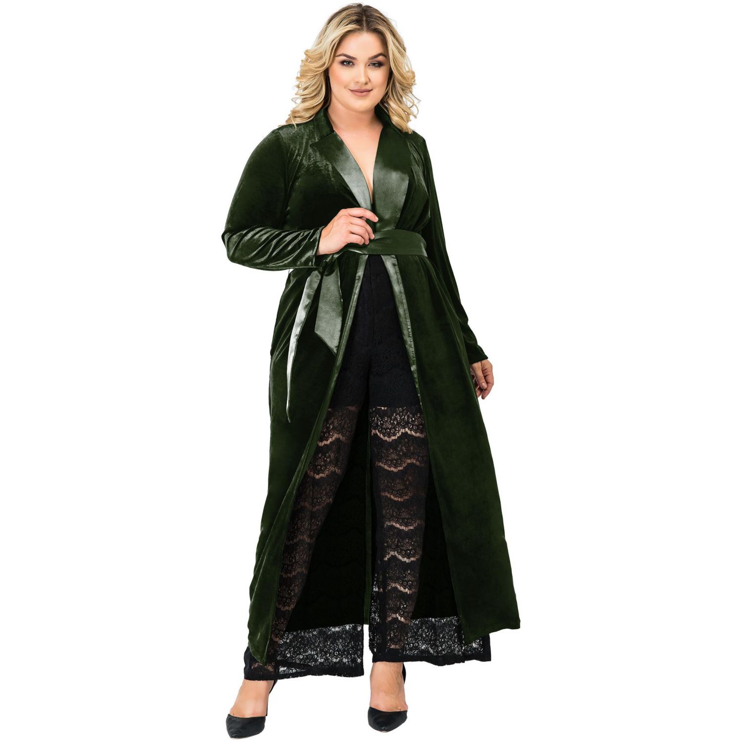 Plus Size Velvet Wrap Satin Belt Long Coat