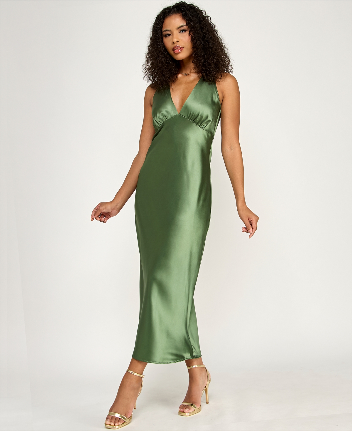 Emerald Sundae Juniors' V-Neck A-Line Satin Midi Dress