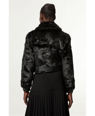 Women's Faux Fur Pu Panel Belted Cropped Jacket
