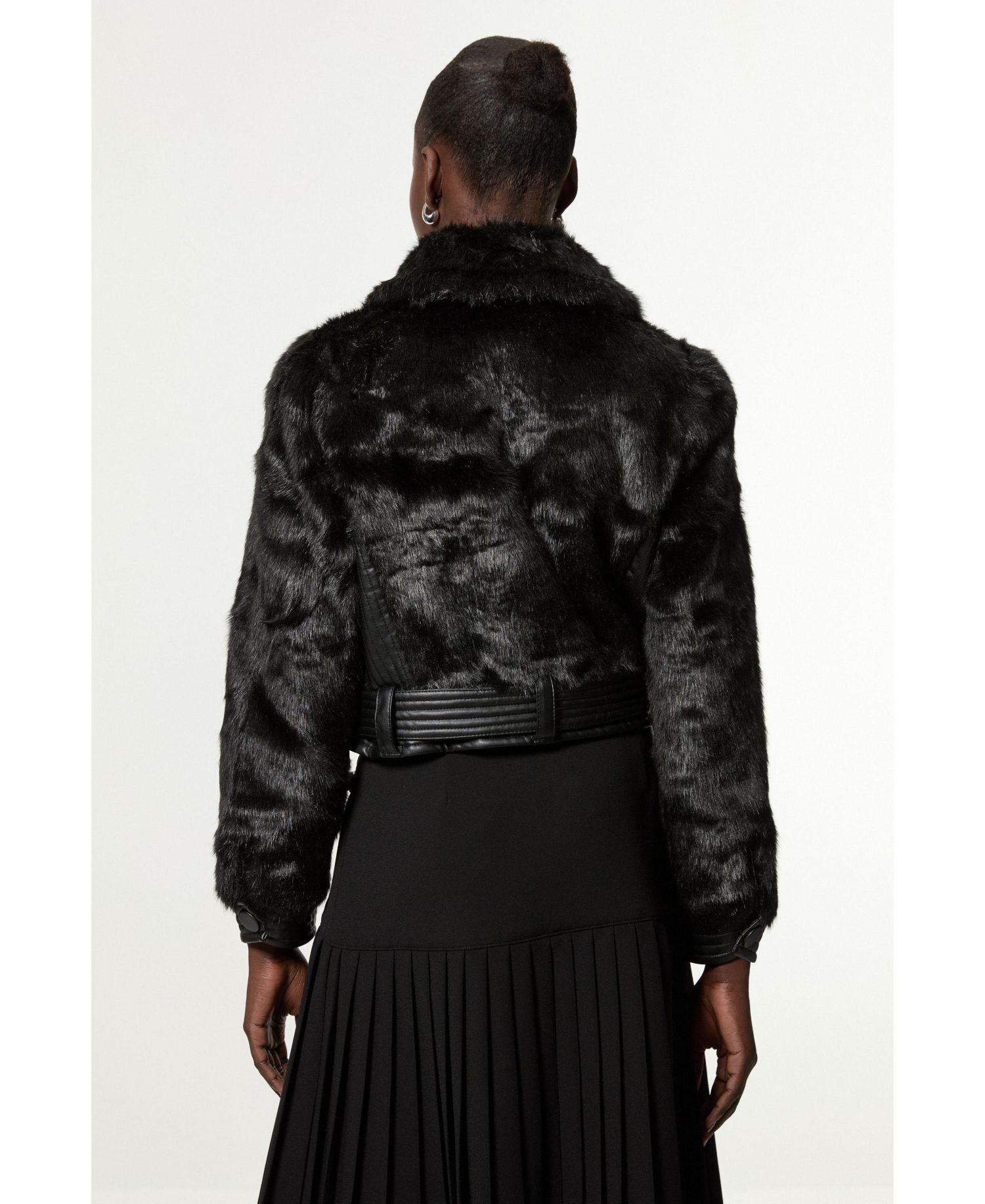 Women's Faux Fur Pu Panel Belted Cropped Jacket