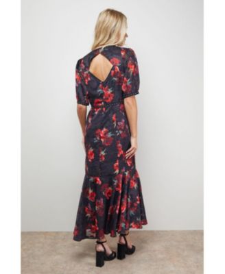 Women's Floral Stud Trim Puff Sleeve Midi Dress