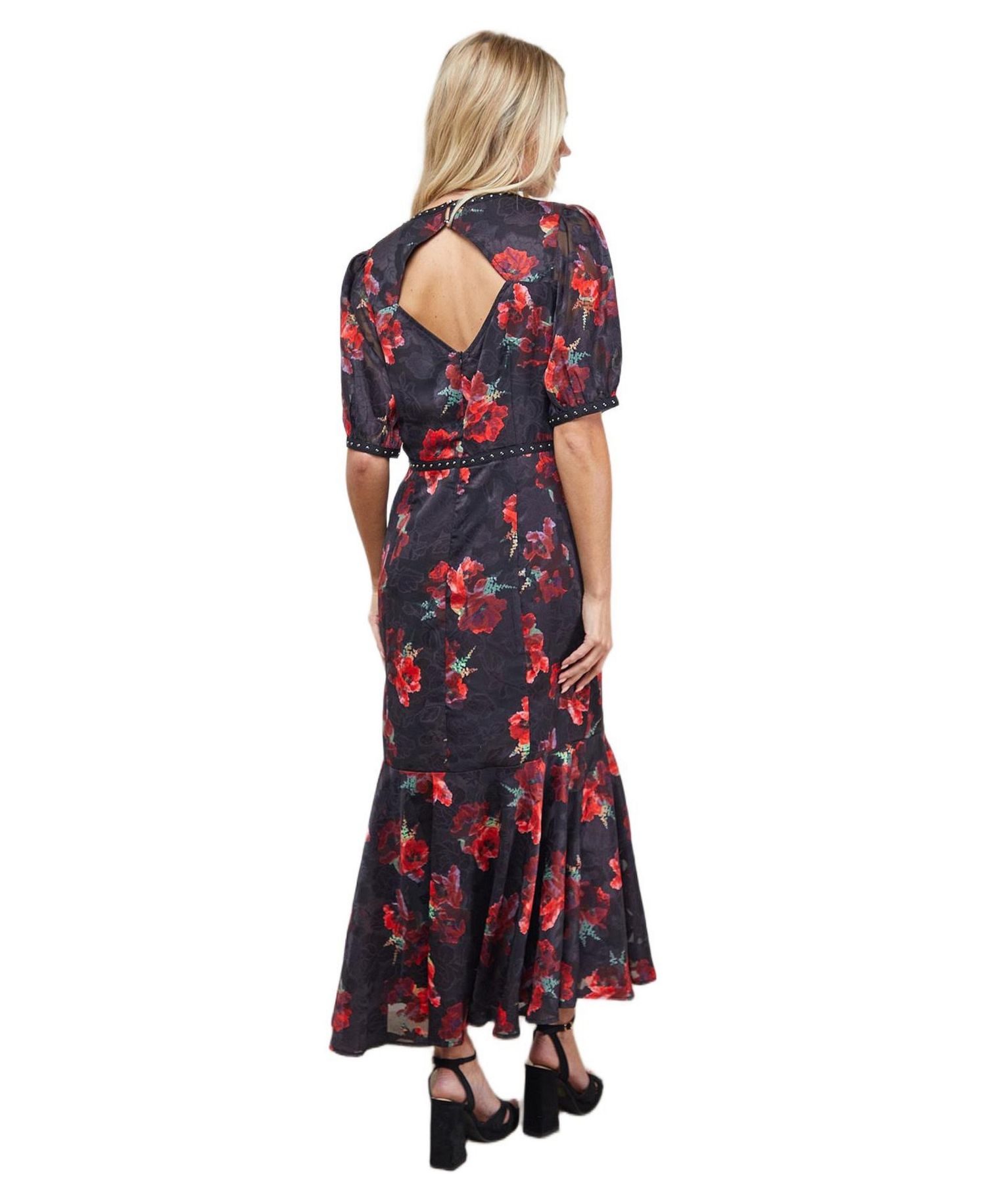 Women's Floral Stud Trim Puff Sleeve Midi Dress