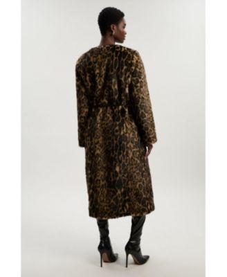 Women's Faux Fur Collarless Tie Belted Midi Coat