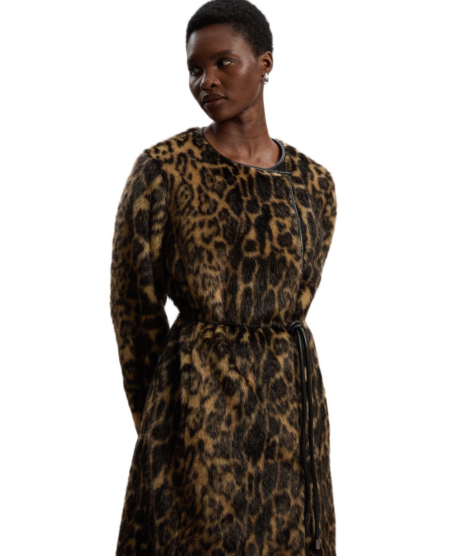 Women's Faux Fur Collarless Tie Belted Midi Coat