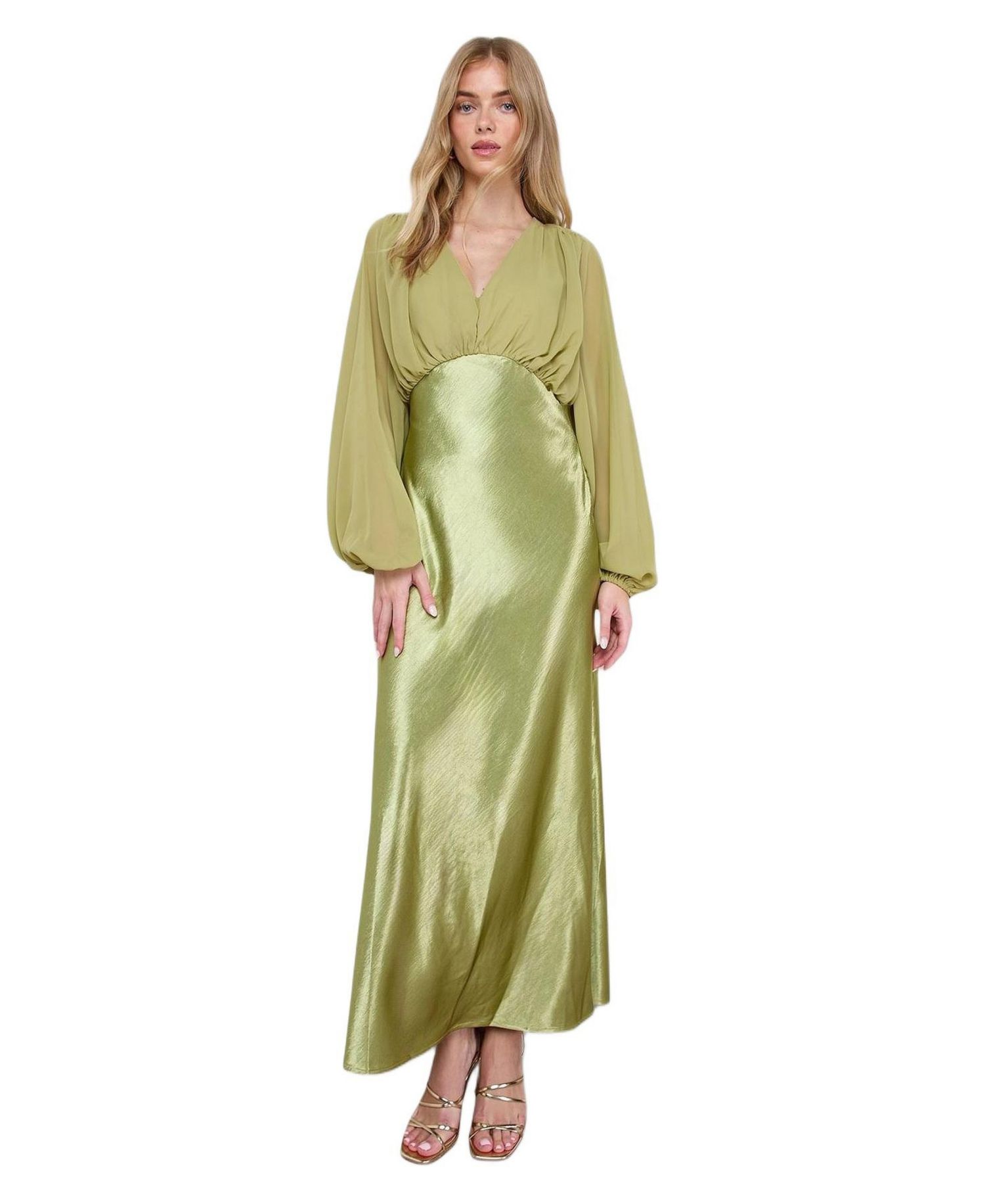 Women's Satin Chiffon Mix V Neck Midaxi Dress