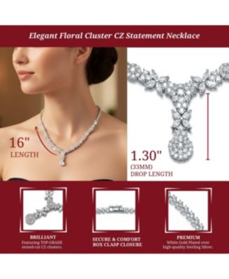 Elegant White Gold Plated Floral Cluster CZ Statement Necklace