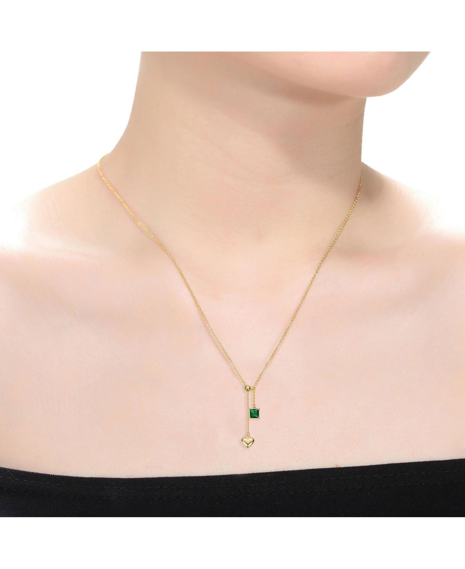 Dainty 14K Gold Plated Heart & CZ "Y" Drop Lariat Necklace
