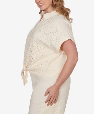 Plus Size Eyelet Front Gauze Tie-Front T-Shirt