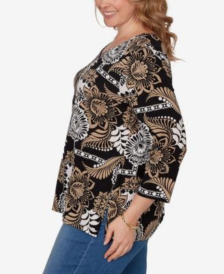 Plus Size Tropical Patchwork Scoop Neck Knit Top