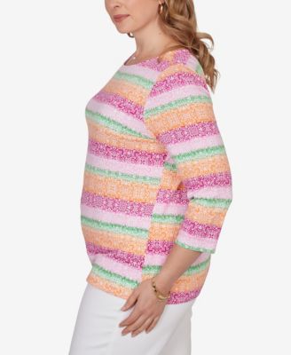 Plus Size Stripe Medallion Boat Neck Knit Top