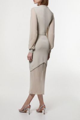 Women's Pu Trim Woven Sleeved Pleated Dress