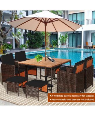 9 PCS Patio Rattan Dining Set Cushioned Chairs Ottoman Wood Table Top