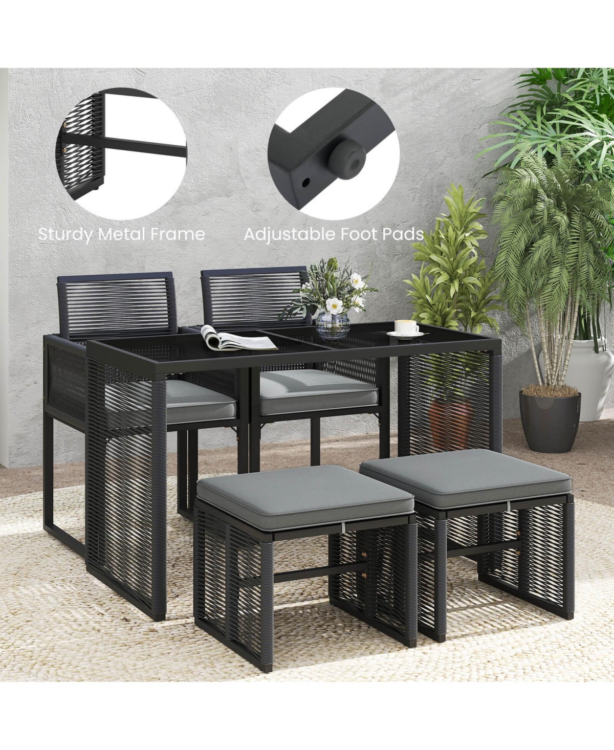 5 Pcs Pe Wicker Patio Dining Set Outdoor Conversation Set with Cushions