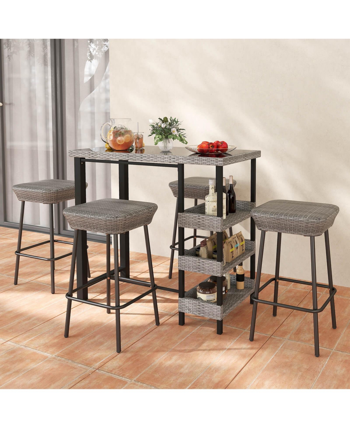 43.5" Outdoor Bar Table with Tempered Glass Top & 3 Rattan Shelves Storage