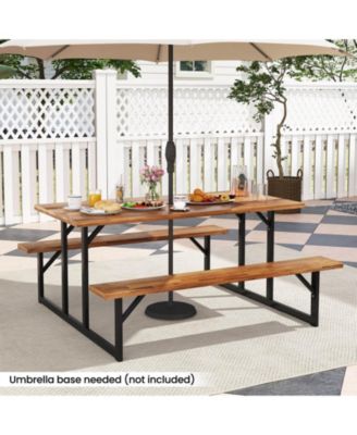 6-Person Acacia Wood Picnic Table with 2 Built-In Benches Umbrella Hole Metal Frame