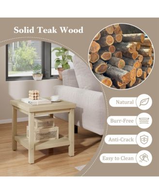 2-Tier Outdoor Side Table, Teak Wood End Table with Storage Shelf