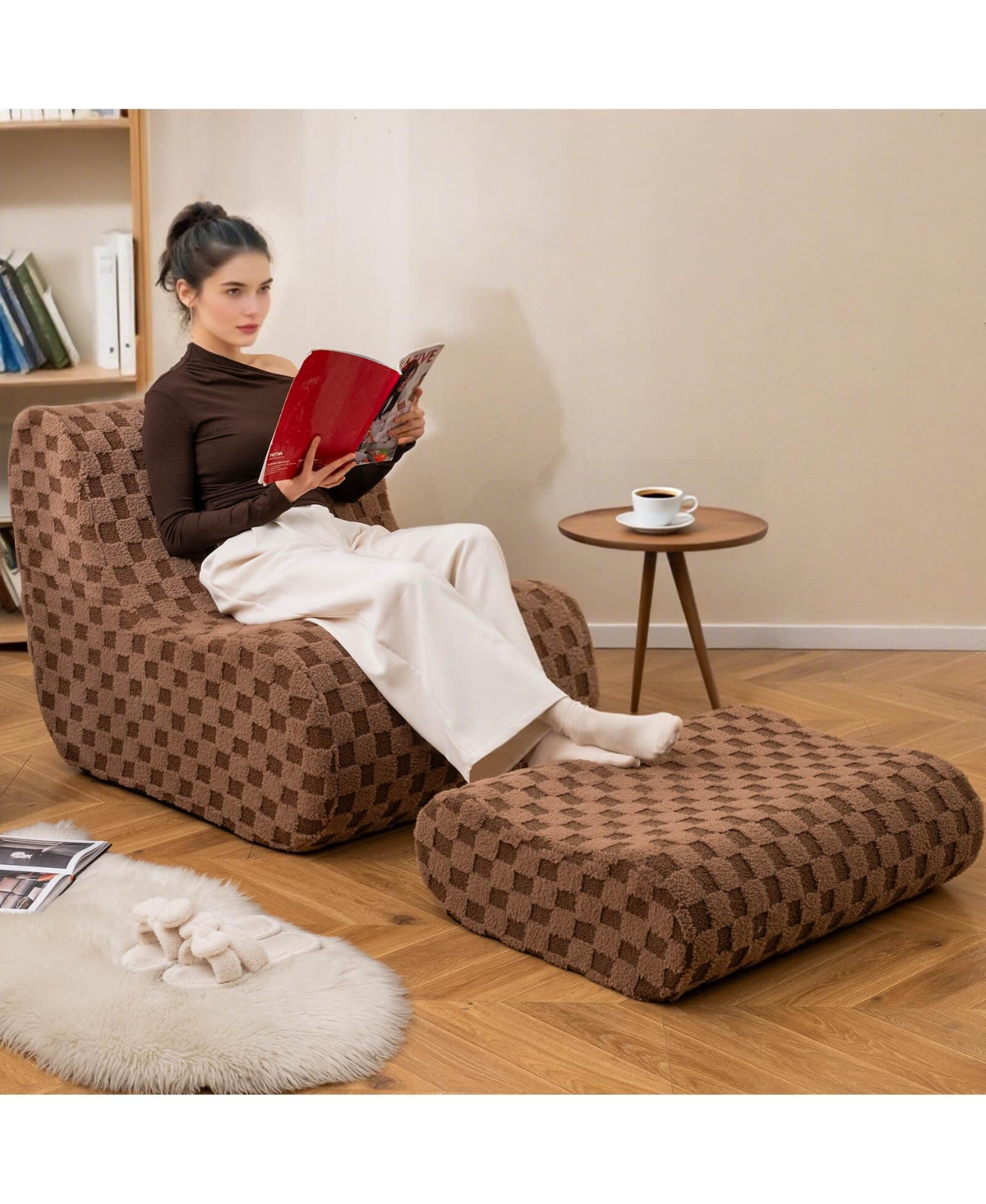 Bean Bag Chair with Ottoman High Elasticity Sponge Non-slip Bottom & Velvet Cover